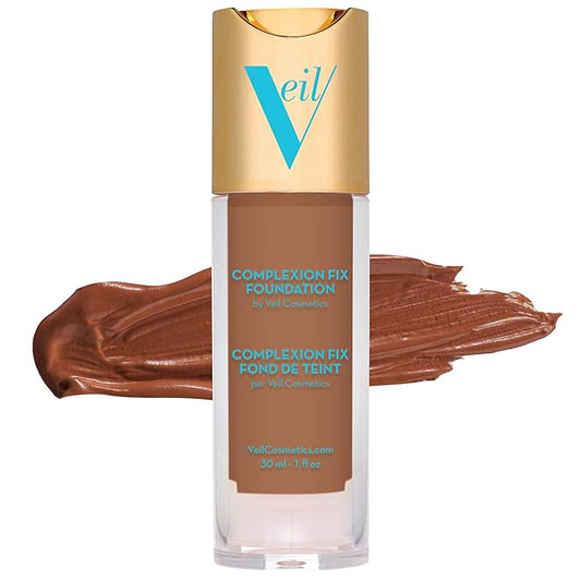 Veil Cosmetics Complexion Fix Liquid Foundation – Buildable Coverage – Water-Resistant, Hypoallergenic, Oil-Free, Cruelty-Free & Vegan – Lightweight & Brightening – All Skin Types (5N Deep Neutral)