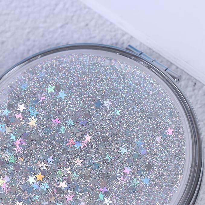 AKOAK 1 Pack Compact Mirror, Portable Quicksand Pocket Travel Makeup Mirror, Folding Hand-held Double Sided 1x/2x Magnifying Glass, Great Gift for Women and Girls (Silver)