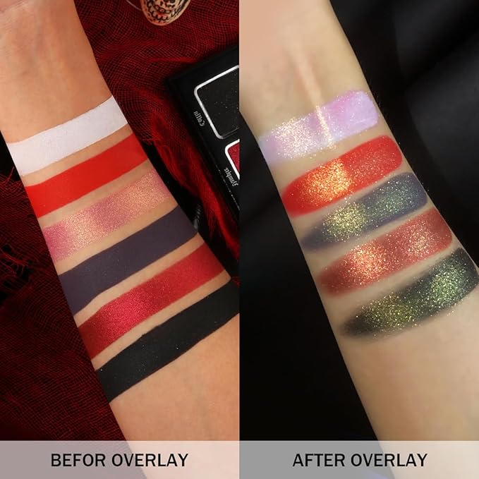 Black Red Eyeshadow Palette, Highly Pigmented True Red White Dark Grey Goth Smoky Eyeshadow Palette, 6 Color Matte Shimmer Burgundy Metallic Halloween Makeup Palette for Zombie Vampire Clown,Blendable