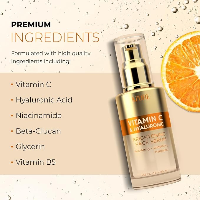 Azure Cosmetics Vitamin C Serum For Face - Dermatologist Tested, Anti-Aging with Hyaluronic Acid for Dark Spots, Fine Lines & Wrinkles - Brightning, Clean, Korean Skincare for Glass Skin - 2 Pack