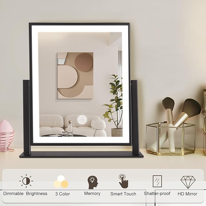 Beelux Vanity Mirror with Lights,16" Makeup Mirror with Light Smart Touch Control Dimmable 3 Modes Lighted LED Mirror 360°Rotation Black