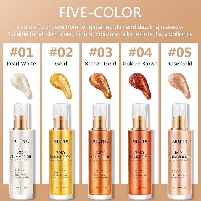 Body Shimmer Oil, Bronze Gold Luminizer Face Highlighter Liquid Illuminator With Makeup Brush, Long Lasting Moisturizing Glitter Oil for Makeup Brighten (3.38 Fl Oz/#03)