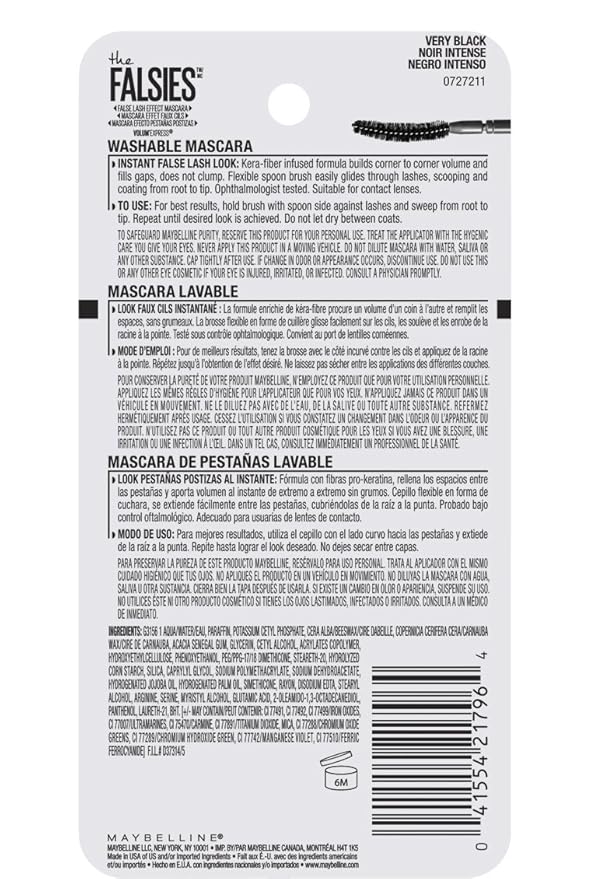 Maybelline Volum' Express The Falsies Waterproof Mascara, Volumizing and Separating Make Up Formula, Blackest Black, 1 Count