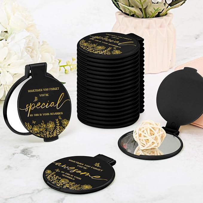 100 Pcs Inspirational Compact Mirror Bulk Small Pocket Mirror Purse Round Portable Folding Makeup Mirror Mini Compact Mirror Gifts for Women Coworker Employee Teacher(Black)