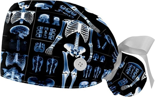 2 PCS Bouffant Cap with Button Ponytail Pouch Working Cap Sweatband Adjustable Surgical Cap Black and White Cow