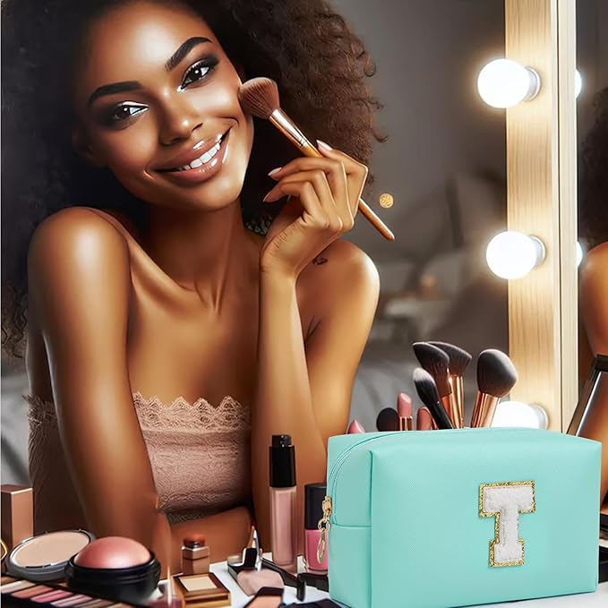 Birthday Gifts for Women Her,Travel Cute Makeup Bag,Large Capacity Cosmetic Bags for Women Makeup Pouch PU Leather Waterproof Cosmetic Bag (T, Blue)