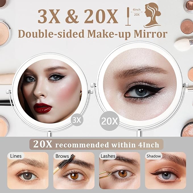 9in Makeup Mirror with Lights, 3x/20x 5000mAh Rechargeable Lighted Makeup Mirror with Magnification, 360° Rotate Magnifying Mirror,3 Color,Dimmable up,3800lux,80 LEDs,No Height Adjustment,Silvery