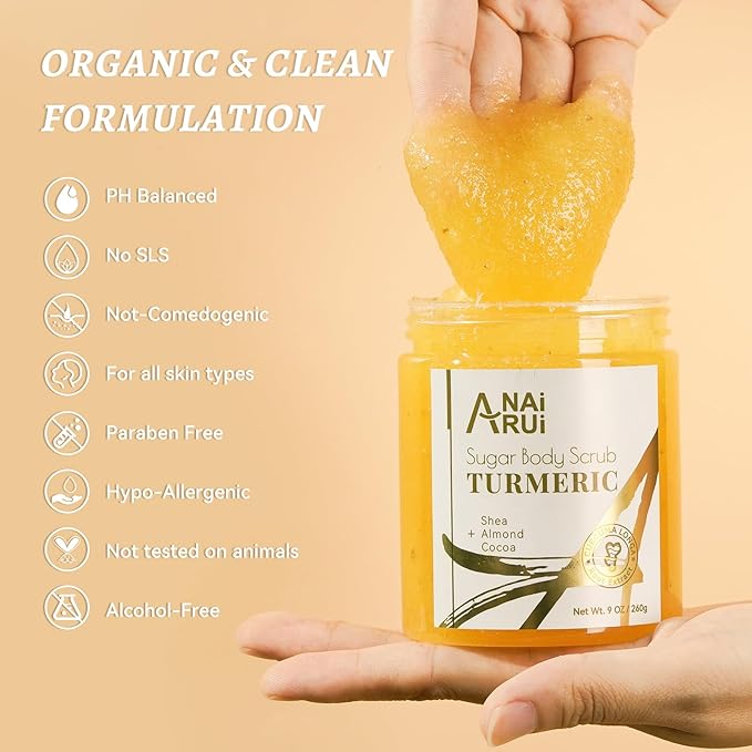 ANAI RUI Turmeric Body Scrub Exfoliator, Sugar Scrub for Exfoliating, Smoothing, Hydrating Skin, Face & Body Scrub with Turmeric, Face Body Hand and Foot Scrub, Moisturizing Body SkinCare, 9 OZ