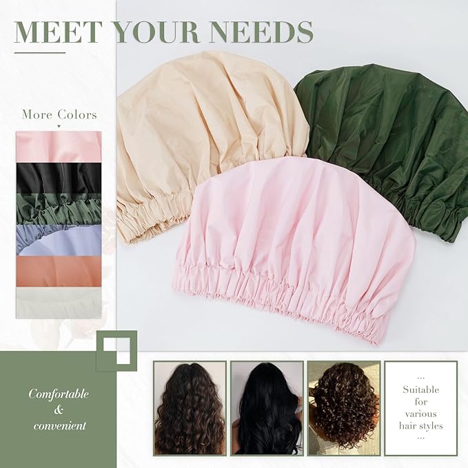 Reusable Shower Cap for Women, Large Waterproof Shower Bonnet Washable Elastic Band Bath Accessories Hair Hat for Long Hair, Braids(Black&White)