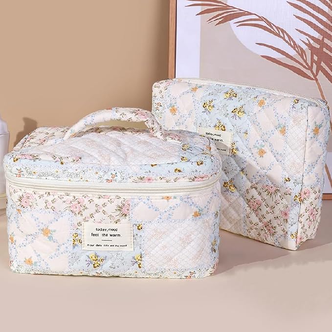 3 Pcs Quilted Makeup Bag Set,Coquette Cotton Make up Bag,Cute Floral Makeup Bags Large Toiletry Cosmetic Bag Organizer for Women Girls (J-3PCS)
