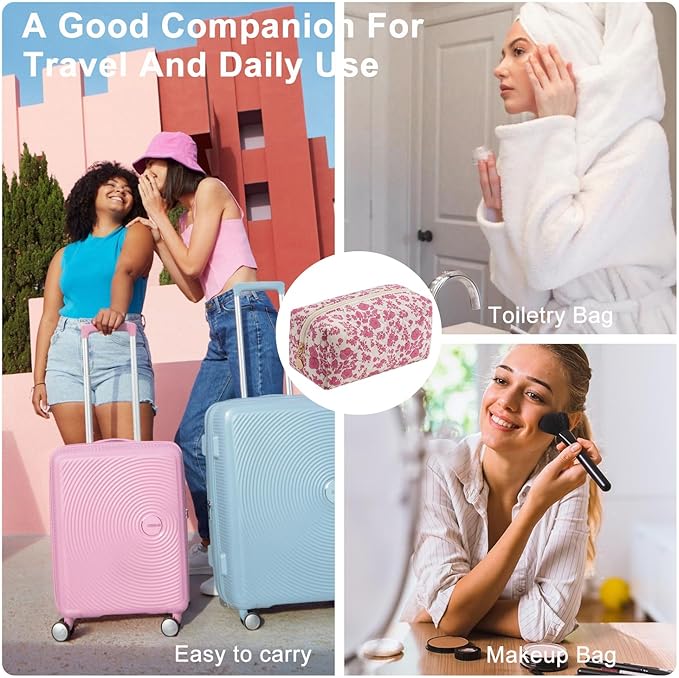 Gleyemor Small Quilted Makeup Bag for Women, Cute Floral Bow Cosmetic Bag, Emergency Bag Travel Toiletry Cotton Pouch Gifts for Girls Her Mom Friend Sister Bridesmaid (Red Floral)