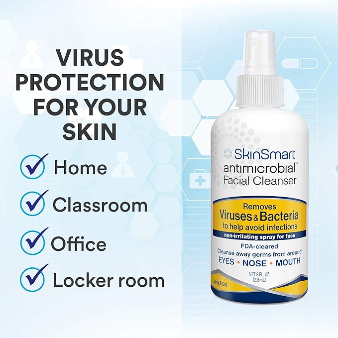 SkinSmart Antimicrobial Facial Cleanser Spray to Remove Viruses and Bacteria Around Eyes, Nose and Mouth, Fight Maskne, 8 oz Spray Non-Irritating Hypochlorous Acid