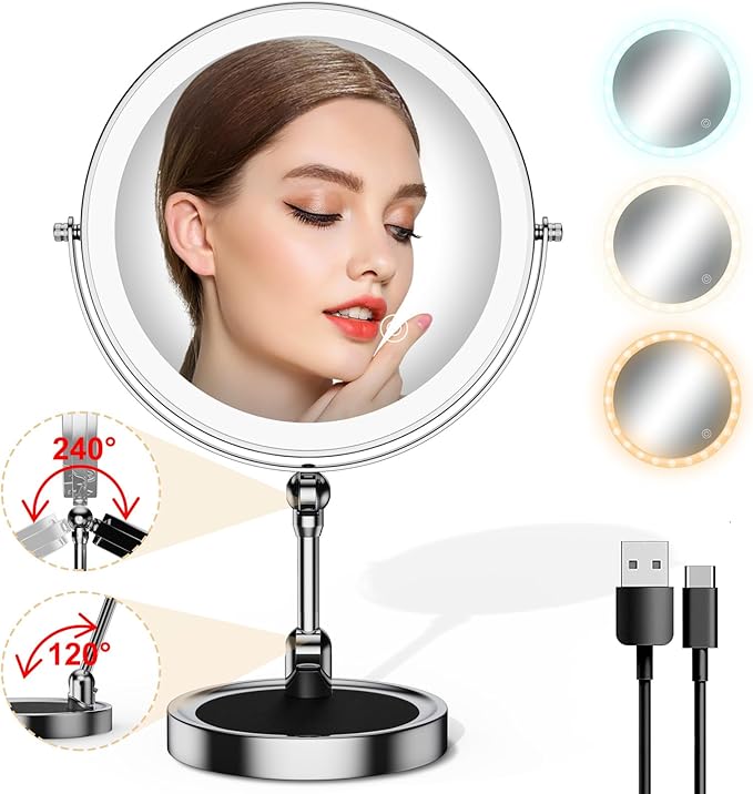 Makeup Mirror with Lights[Brightness Enhanced Version], Real 2000mah Rechargeable Double Sided 10x Magnifying Mirror with 3 Colors Table Vanity Mirror with Adjustable Height and Stand,Chrome