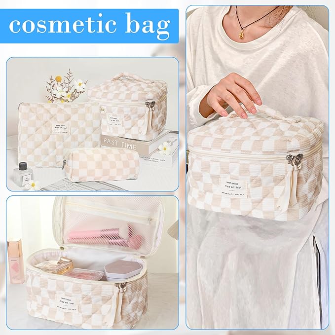 3 Piece Brown Checkered Corduroy Quilted Makeup Bag Set, Large Capacity Travel Makeup Bags for Women and Girls, Includes Small, Medium, and Large aesthetic makeup&Cosmetic Bags (3pcs-BrownCheckered)