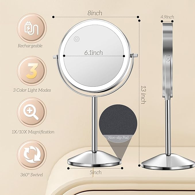 10X Lighted Makeup Mirror with Magnification 8" Stand Up Double Sided Magnifying Mirror with Lights 3 Color Brightness Adjustable Table Light up Mirror 360°Swivel Rechargable Light up Mirror