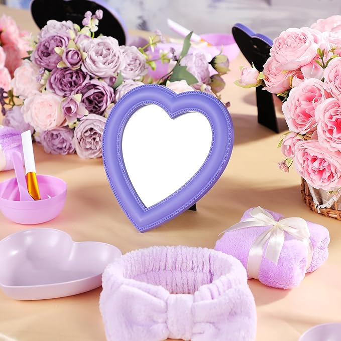 8 Pcs Spa Party Supplies 8 Heart Shaped Mirror Purple for Sleepover Party Favors Makeup Mirror for Spa Slumber Birthday Favor