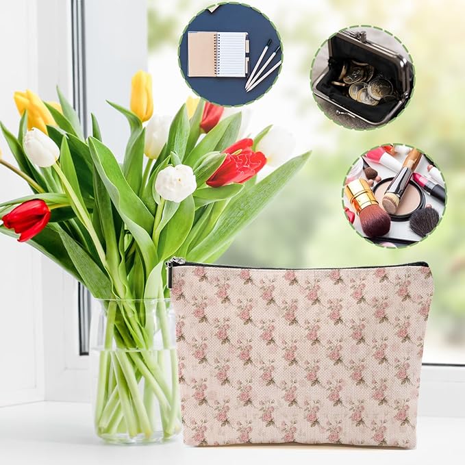 4pcs Pink Vintage Roses Floral Makeup Bag, Pink Coquette Roses Flower Cosmetic Bag Rose Gifts for Women Female Girls Sister BFF Nature Lover, Travel Zipper Pouch Christmas Thanksgiving Birthday Gifts