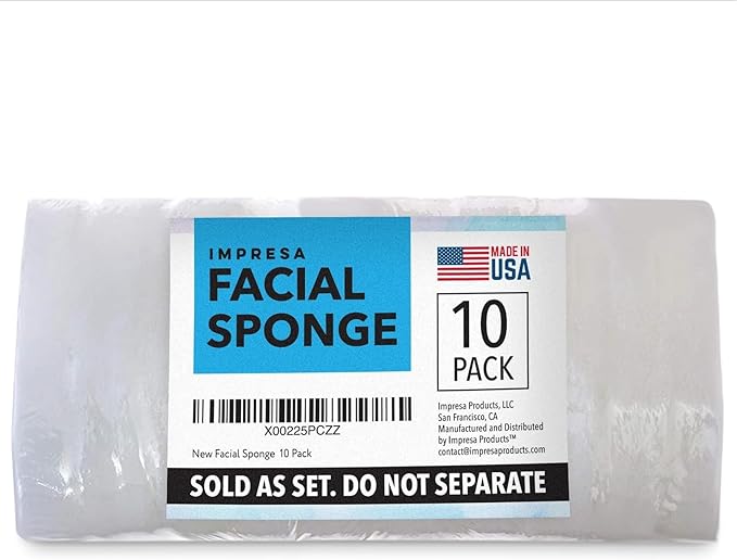 IMPRESA 10 Pack Facial Sponge for Daily Deep Cleansing - Regular Buff Style Exfoliating Pads for Removing Dead Skin, Dirt & Makeup - Normal to Oily - Made in The USA - Reusable Puf - White