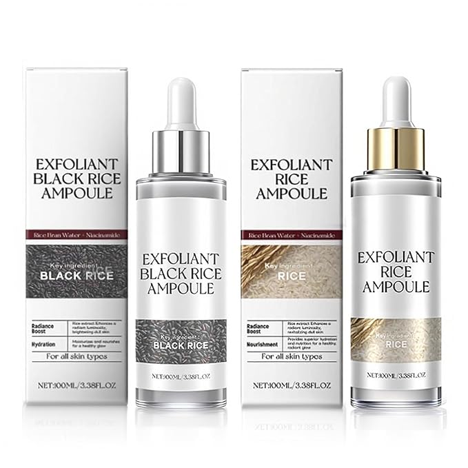2PCS Rice Exfoliating Ampoule Set, 2025 Upgrade Black & White Rice Peeling Duo for Glowing Skin | Gentle Exfoliant + Pore Minimizing Serum + Deep Hydration & Hyaluronic Acid