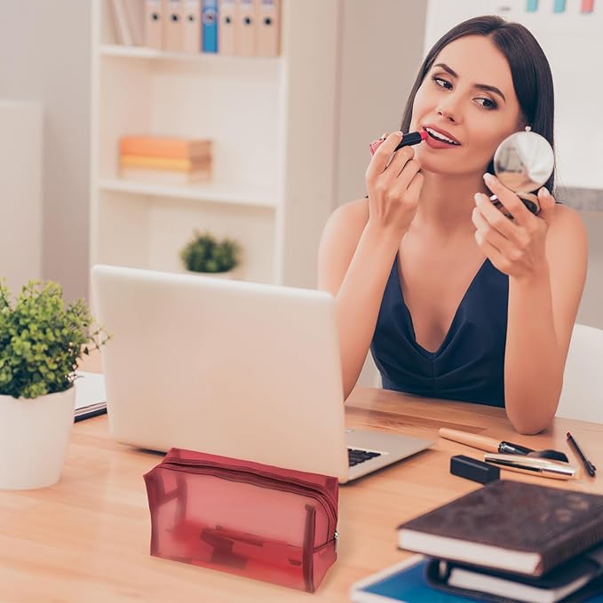 6 Pieces Mesh Makeup Bags Mesh Cosmetic Bag Portable Travel Organizing Zipper Pouch Toiletries Makeup Pouches for Home Office Travel Accessories (Wine Red)