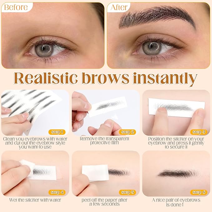 20 Sheets 200 Pairs Eyebrow Tattoo Sticker Waterproof 4D Hair-Like Natural Fake Tattoo Eyebrows Transfers Stickers Peel Off Brows Grooming Shaping Makeup Sticker for Women Girls, Brown