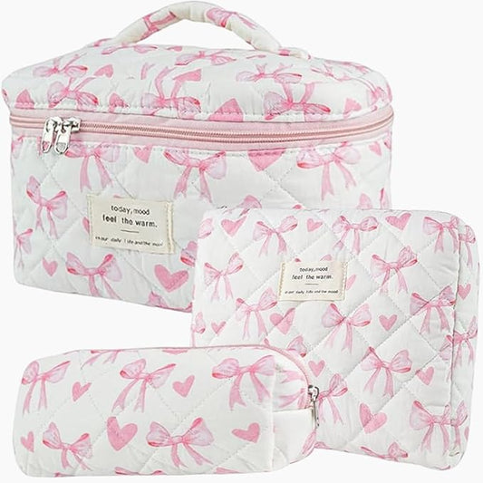 3 Pcs Quilted Makeup Bag Set,Coquette Bow Make Up Bag,Cute Floral Makeup Bags Large Toiletry Cosmetic Bag Organizer for Women Girls (M-3PCS)