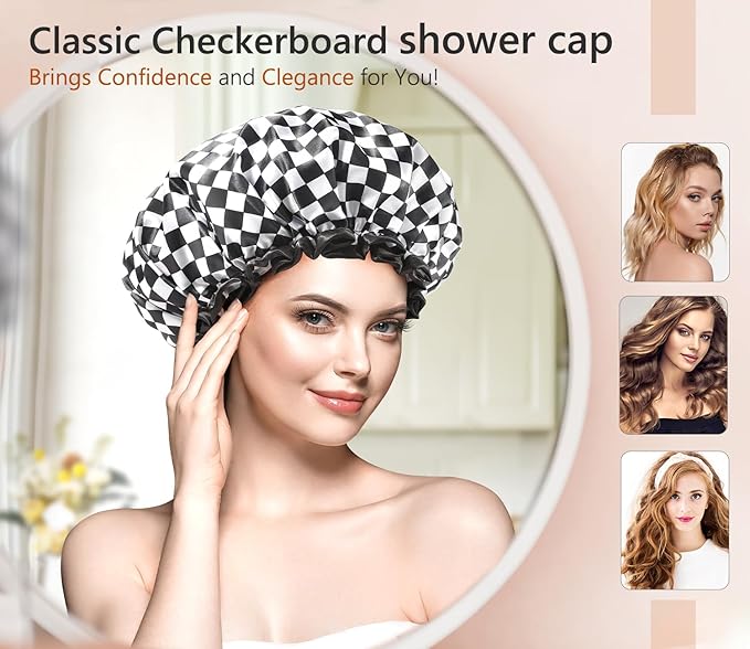 mikimini Shower Cap for Women and Girls, Elegant Chessboard Design,Double-layer Waterproof, Reusable, Washable, No Odor, Medium