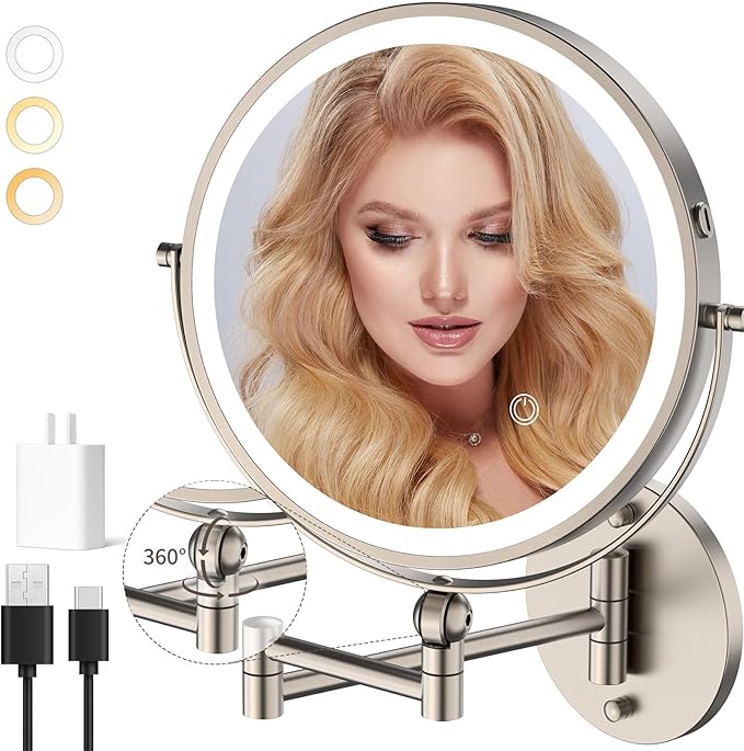 9" Wall Mounted Makeup Mirror with Lights, 4000mAh Rechargeable 1X/10X Wall Mounted Magnifying Mirror for Bathroom, 3 Color Lighting,Touch Screen Dimming,Extended Arm 360 Rotation Wall Mount Mirror N