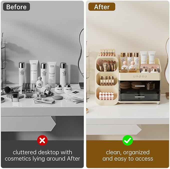 Makeup Organizer for Vanity, Countertop Organizer With Drawers, Spacious Cosmetic Display Case for Beauty Essential, Skincare, Lipstick, Cream White