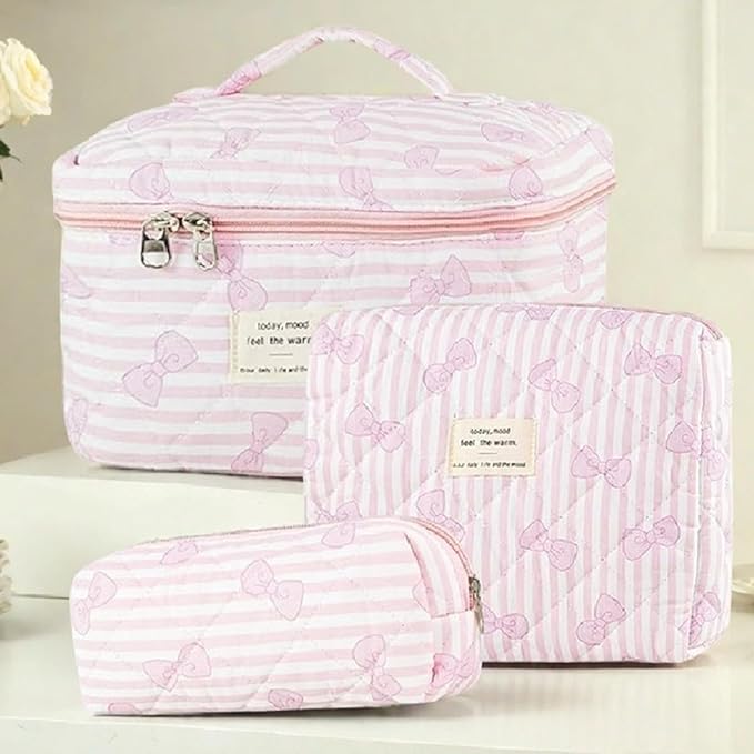 3 Pcs Quilted Makeup Bag Set,Coquette Bow Make Up Bag,Cute Floral Makeup Bags Large Toiletry Cosmetic Bag Organizer for Women Girls (N-3PCS)