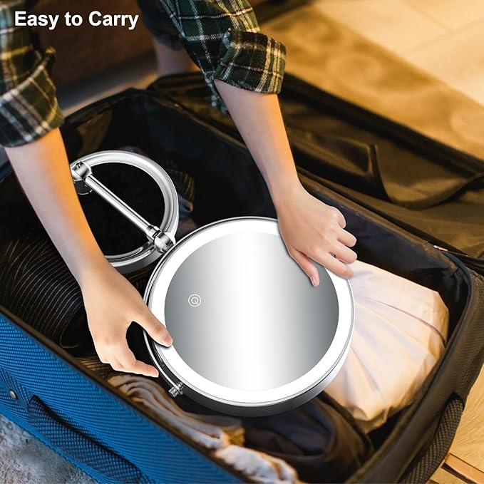 Makeup Mirror with Lights[Brightness Enhanced Version], Real 2000mah Rechargeable Double Sided 10x Magnifying Mirror with 3 Colors Table Vanity Mirror with Adjustable Height and Stand,Chrome