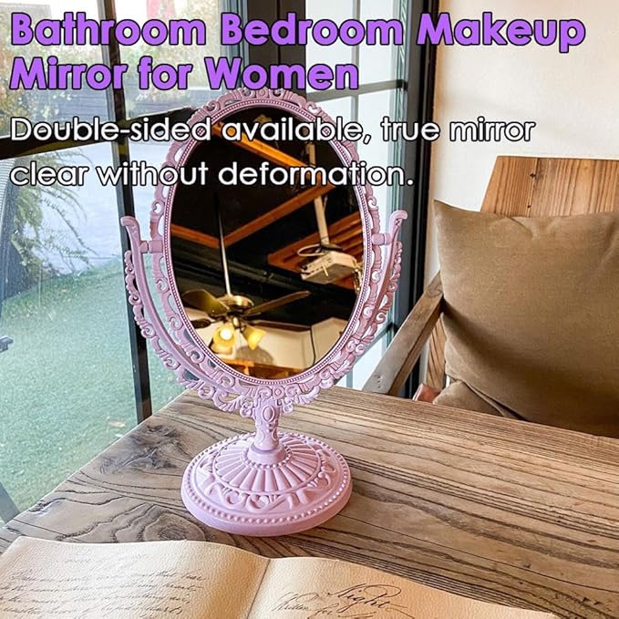 AKOAK 1 Pack Desktop Makeup Mirror, Oval Desk Makeup Mirror, Double-Sided 360-degree Rotating Makeup Mirror Bathroom Bedroom Makeup Mirror, Travel Mirror Suitable for Women (Purple)