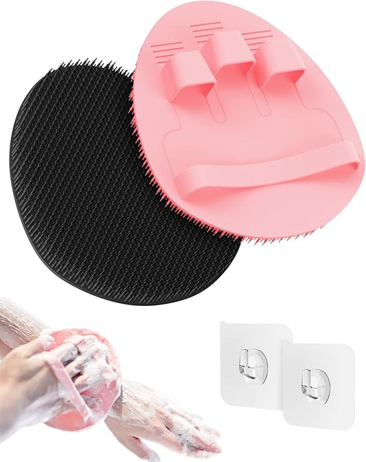 Manmihealth Soft Silicone Shower Brush, Super-Lathering and Deep-Cleaning Body & Face Scrubber, Gentle Exfoliating Bath Glove for All Skin Types, with 2 Free Hooks.(Black + Pink)