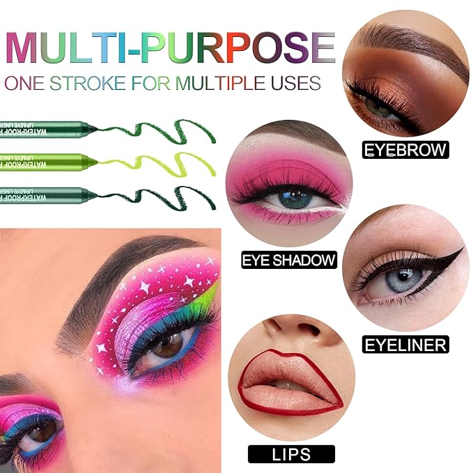 3 Colorful Eyeliner Pen Set, Eye Shadow Pencil, Pearl Eyeliner Kit Metallic Glitter Eye liner Pencil for Women Eye&Lip Liner Professional Eye Makeup Set Colorful Eye Color (3PCS A)