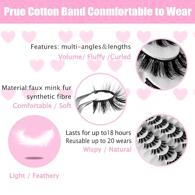 8Pair 3D False Eyelashes Fluffy Natural Look PACK Volume Fluffy Natural Faux Mink Lashes(3D999 DRAK PINK)