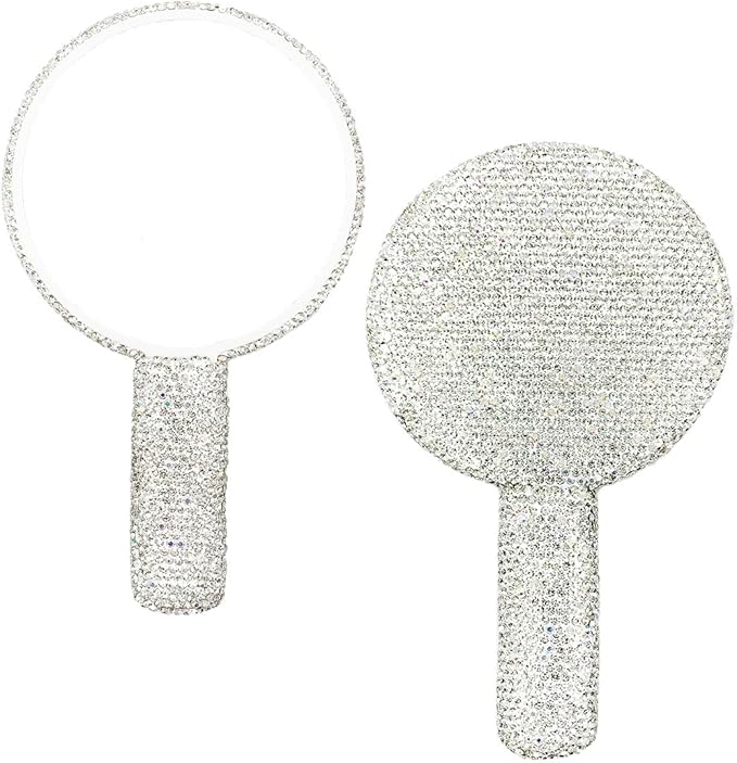LOPURO Sparkling Rhinestone Round Shaped Handheld Mirror, Rhinestone Handheld Round Mirror Bling Glitter Cute Cosmetic Hand Mirror with Handle Portable Makeup Mirror for Women Travel