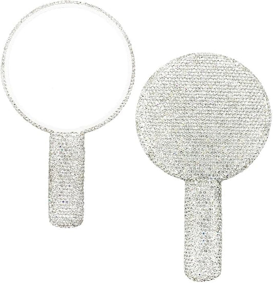 LOPURO Sparkling Rhinestone Round Shaped Handheld Mirror, Rhinestone Handheld Round Mirror Bling Glitter Cute Cosmetic Hand Mirror with Handle Portable Makeup Mirror for Women Travel