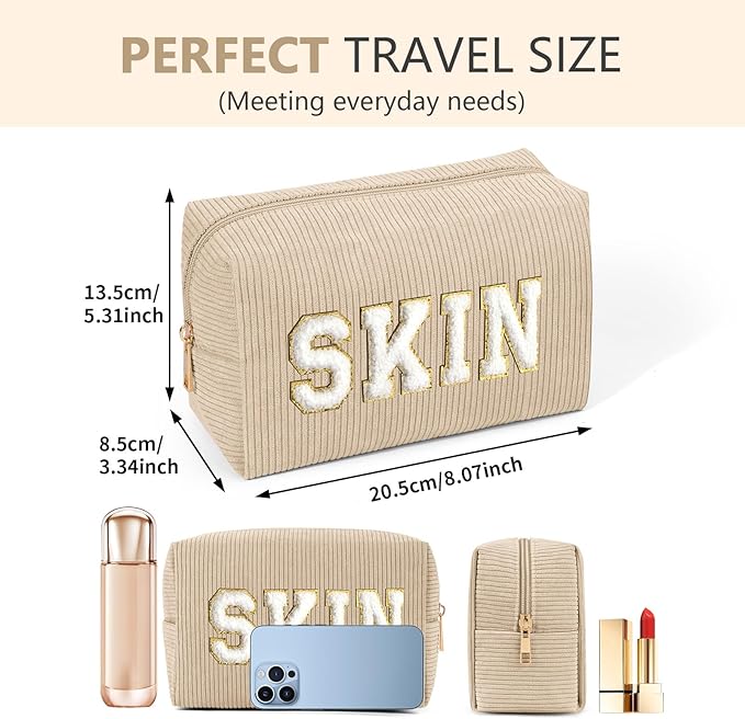 MAGEFY Corduroy Makeup Bag Small Makeup Bag for Purse with Compartments Cute Makeup Pouch Cosmetic Bag for Women Friends Preppy Gifts (Beige, SKIN)