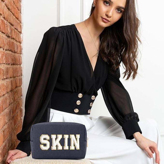 MAGEFY Small Makeup Bag for Purse Portable Makeup Pouch with Compartments Corduroy Make up Bag for Women Travel Cosmetic Essential (Dark Gray, SKIN)