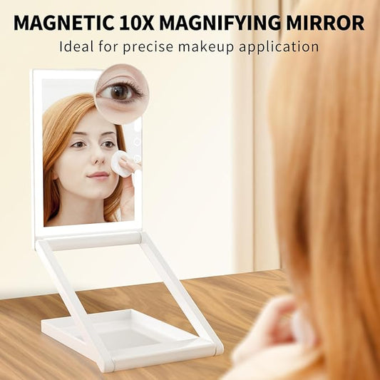 OLIBUY Makeup Mirror with Lights, 7.5" L x 5.7" W Portable Travel Mirror with 10X Magnifying Mirror, 3 Color Lighting Rechargeable Lighted Folding Mirror, Base Storage, Adjustable Height
