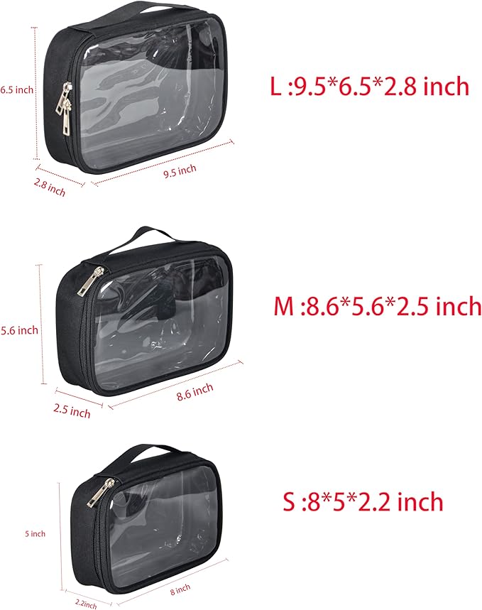 3pcs Pack TSA Approved Travel Pro Beauty Makeup Kits Cosmetic Organizers Case Clear Utility Pouch Combo Set Bag with Zipper & Handle (Black)