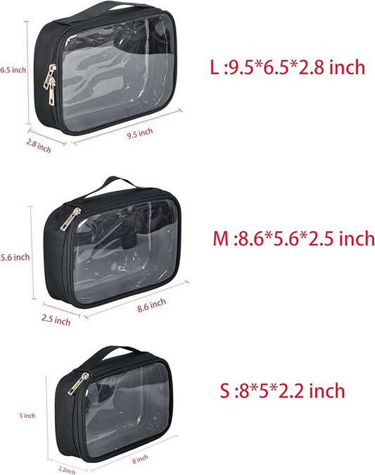 3pcs Pack TSA Approved Travel Pro Beauty Makeup Kits Cosmetic Organizers Case Clear Utility Pouch Combo Set Bag with Zipper & Handle (Black)