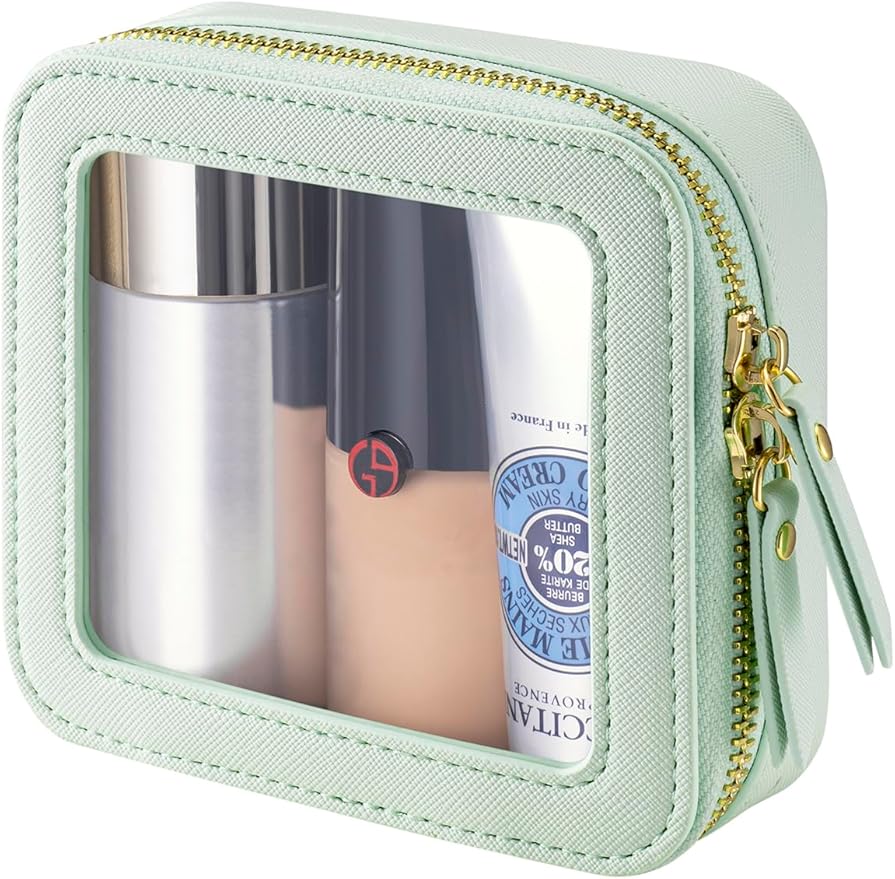 Mini Makeup Bag for Purse - Clear Travel Leather Toiletry Bag with Zipper - Car Organizer Bag - Small Waterproof Cosmetic Organizer Case for On-the-Go Essentials （Mint Green）