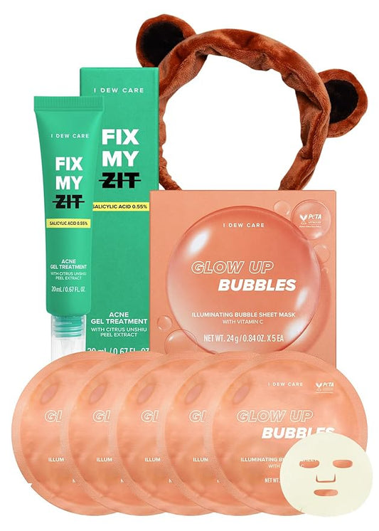 I DEW CARE Facial Skin Care Set - Glow Up Bubble & Fix My Zit & Headband | Face Sheet Mask, Acne Treatment, Clear and Soothe Irritation, Moisturizing, Korean Sleeping Face Mask