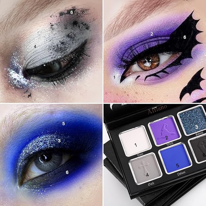 Black Blue Purple Eyeshadow Goth Makeup Palette, Matte Shimmer Dark Smoky Eyeshadow Pallet with Mirror, High Pigmented White Grey Multichrome Eyeshadow for Halloween Party Witch Costume Zombie Vampire