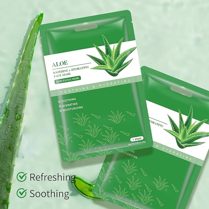 Aloe Vera Soothing Mask Hydrating Face Masks Skincare Moisturizing Facial Sheet Mask Skin care for Dry, Oily, Sensitive Skin Face Mask for Acne, Sun Care, Calming, Refreshing 25ml/0.88oz, 10 Pack