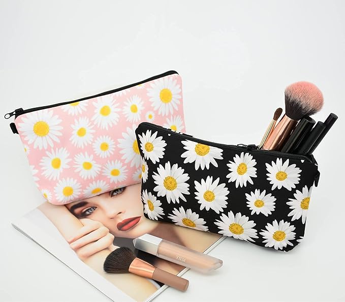 2 Pcs Cosmetic Bag for Women Small Make Up Bag Waterproof Travel Toiletries Pouch with Zipper for Organizing Small Items, Gift Bags for Birthday Christmas(Daisy Flower 1)