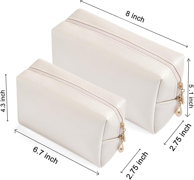 2pcc set PU Leather Cosmetic Bag for Women Minimalism Makeup Bag for Daily Use Portable Storage Purse Small Neat Cosmetic Pouch Water-resistant Toiletry Bag for Travel (Ivory White)