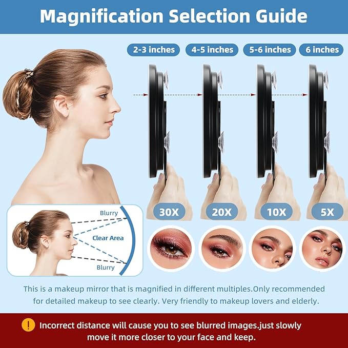 6" 30X Magnifying Mirror with Light Suction Cup,Led Close up Mirror for Checking Pores with 360° Stand,3 Color Lighted Personal Mirror 30X,30 Times High Magnification Concave Mirrors