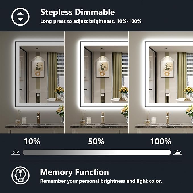 48x32 Inch LED Bathroom Mirror with Lights (Front Lit and Backlit) Black Framed Lighted Vanity Mirror for Bathroom Wall Dimmable Anti-Fog Memory Tempered Glass Horizontal/Vertical